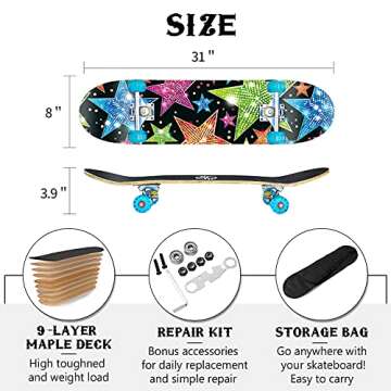 FlyFlash Skateboard, 31"x 8" Complete Standard Skate Boards for Girls Boys Beginner, 9 Layer Maple Double Kick Deck Skateboards for Kids Youth Teens (Star)