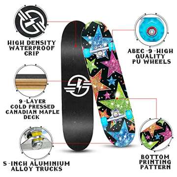 FlyFlash Skateboard, 31"x 8" Complete Standard Skate Boards for Girls Boys Beginner, 9 Layer Maple Double Kick Deck Skateboards for Kids Youth Teens (Star)