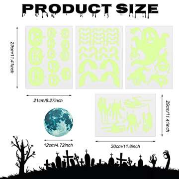 173 Pieces Halloween Glow in The Dark Decorations Weird Moon Sticker Green Luminous Stars 3D Bat Decal Bloody Handprint Wall Decor Ghost Spooky Eyes Window Clings for Kids Halloween Party Supplies