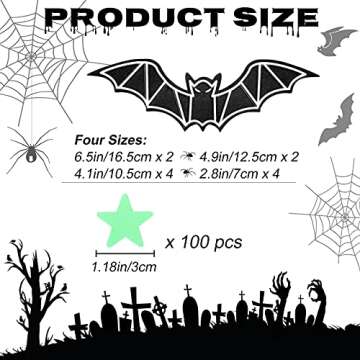 173 Pieces Halloween Glow in The Dark Decorations Weird Moon Sticker Green Luminous Stars 3D Bat Decal Bloody Handprint Wall Decor Ghost Spooky Eyes Window Clings for Kids Halloween Party Supplies