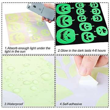 173 Pieces Halloween Glow in The Dark Decorations Weird Moon Sticker Green Luminous Stars 3D Bat Decal Bloody Handprint Wall Decor Ghost Spooky Eyes Window Clings for Kids Halloween Party Supplies