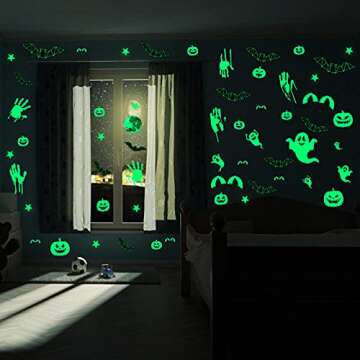 173 Pieces Halloween Glow in The Dark Decorations Weird Moon Sticker Green Luminous Stars 3D Bat Decal Bloody Handprint Wall Decor Ghost Spooky Eyes Window Clings for Kids Halloween Party Supplies