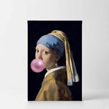 Smile Art Design Johannes Vermeer's Masterpiece Girl with a Pearl Earring Pink Bubble Gum Art Canvas Print Famous Painting Wall Art Classic Art Home Decor Stretched Ready to Hang Made in USA 12x8