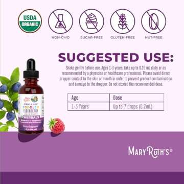 MaryRuth Organics Toddler Elderberry Syrup, USDA Organic Elderberry, Sugar Free Kids Immune Support Supplement for Ages 1-3 Years, Clean Label Project Verified®, Vegan, Non-GMO, Gluten Free, 1 Fl Oz