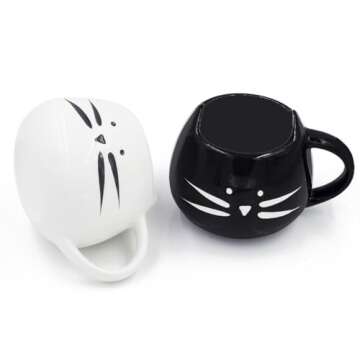 Nofinis Cute Cat Coffee Mug Set - Lovely Ceramic Cat Tea Mug Cup Gift Set for Cat Lovers Women and Girls(12 oz, Black & White)