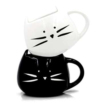 Nofinis Cute Cat Coffee Mug Set - Lovely Ceramic Cat Tea Mug Cup Gift Set for Cat Lovers Women and Girls(12 oz, Black & White)