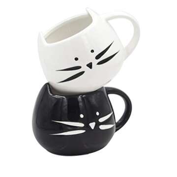 Nofinis Cute Cat Coffee Mug Set - Lovely Ceramic Cat Tea Mug Cup Gift Set for Cat Lovers Women and Girls(12 oz, Black & White)