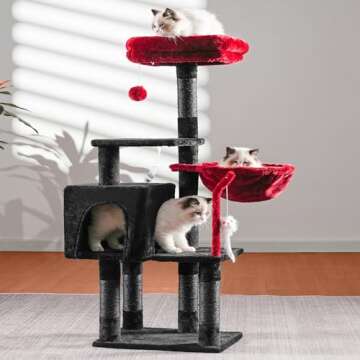 Heybly Cat Tree with Toy, Halloween Cat Tower condo for Indoor Cats, Cat House with Padded Plush Perch, Cozy Hammock and Sisal Scratching Posts, Black and Red HCT004SBR