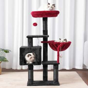 Heybly Cat Tree with Toy, Halloween Cat Tower condo for Indoor Cats, Cat House with Padded Plush Perch, Cozy Hammock and Sisal Scratching Posts, Black and Red HCT004SBR