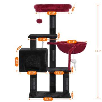 Heybly Cat Tree with Toy, Halloween Cat Tower condo for Indoor Cats, Cat House with Padded Plush Perch, Cozy Hammock and Sisal Scratching Posts, Black and Red HCT004SBR