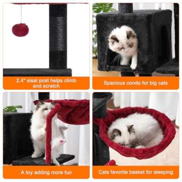 Heybly Cat Tree with Toy, Halloween Cat Tower condo for Indoor Cats, Cat House with Padded Plush Perch, Cozy Hammock and Sisal Scratching Posts, Black and Red HCT004SBR