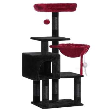 Heybly Cat Tree with Toy, Halloween Cat Tower condo for Indoor Cats, Cat House with Padded Plush Perch, Cozy Hammock and Sisal Scratching Posts, Black and Red HCT004SBR