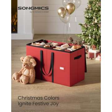 SONGMICS Christmas Figurine Storage Box for 15-Inch Figurines and Nutcrackers, Holiday Decor Organizer with Adjustable Dividers, 8 Slots and 2 Pockets, Dual Zippers, Cherry Red URFB041R01