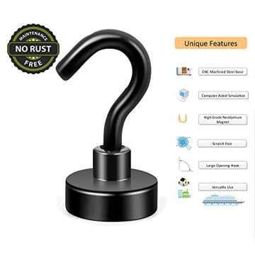 Neosmuk Black Magnetic Hooks,30lb+ Heavy Duty Earth Magnets with Hook for Refrigerator, Extra Strong Cruise Hook for Hanging, Magnetic Hanger for Curtain, Grill (Black, 10 Pack)