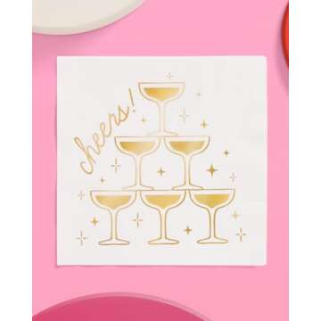 xo, Fetti Gold Foil Cheers Napkins | 3-ply, 50 pcs | Bachelorette Party Champagne Coupe Decorations, Birthday Party Decor, NYE Cocktail Supplies, Celebratory Tableware