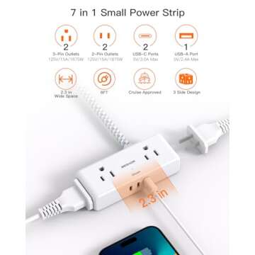 Flat Extension Cord 6 feet, Flat Plug Power Strip, 4 Widely Outlets with 3 USB Ports (2 USB C), 3 Side Outlet Extender with Extension Cord with Multiple Outlets for Home, Office, Dorm Room Essentials