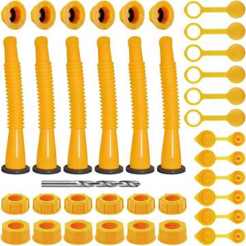 Gas Can Spout Replacement, Gas Can Nozzle. Hose Length is 8.1 in, Easier to use. For most 1/2/5/10 gal oil cans. With Gas Tank Vent Caps, Thick rubber pad, Spout Cover, Base Caps (6 Kit-Yellow)