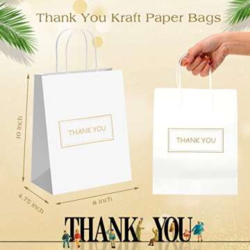 100 Pcs Thank You Paper Bags Bulk 8 x 4 x 10 Inch Thank You Gift Bags with Handle Shopping Merchandise Bag Merchant Bag for Small Business, Retail Shopping, Wedding, Party, Boutique (White)