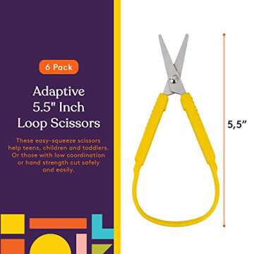 Special Supplies Mini Loop Scissors for Children and Teens and 5.5" Inches (6-Pack) Colorful Looped, Adaptive Design, Right and Lefty Support, Small, Easy-Open Squeeze Handles, For Special Needs