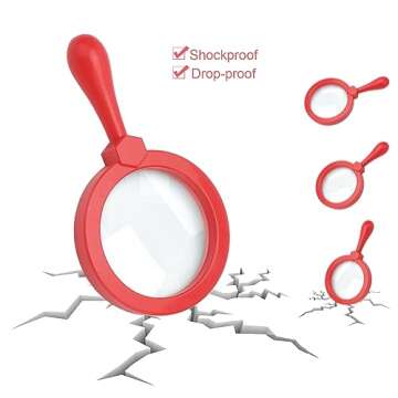 Rongon Kids Magnifying Glass Handheld Jumbo Magnifiers with Stand, Exploration Play Reading Magnifier Red Magnifying Lens for Nature Exploration, Science Experiments, 5X Magnification Loupe (Red)