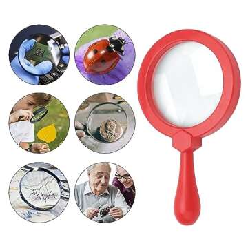 Rongon Kids Magnifying Glass Handheld Jumbo Magnifiers with Stand, Exploration Play Reading Magnifier Red Magnifying Lens for Nature Exploration, Science Experiments, 5X Magnification Loupe (Red)