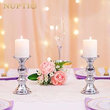 Nuptio Silver Pillar Candle Holders, Wedding Centerpieces Metal Candle Holder for 50mm Candles Stand Decoration Ideal for Weddings Special Events Parties Living Room, 2 Pcs