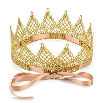 June Bloomy Girls Golden Lace Crown with Adjustable Ribbon Birthday Party Queen Gold Headband (Style B)