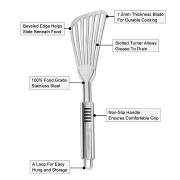 Stainless Steel Fish Spatula with 1.2mm Thick Blade - Multipurpose Turner for Fish, Eggs, Meat, and Dumplings - Perfect for Grilling, Frying, and More - Bonus Silicone Brush and Oven Mitt - Set of 1