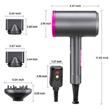 Hair Dryer,1800W Professional Ionic Hair Dryer with Diffuser and Nozzles, Powerful Blow Dryer for Fast Drying,Compact & Lightweight Travel Portable Hair Dryer for Women (Gray)