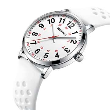 BOFAN Nurse Watch for Medical Professionals,Students,Doctors with Easy to Read Dial,Second Hand and 24 Hour,Soft and Breathable White Silicone Band,Water Resistant