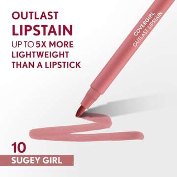 COVERGIRL Outlast, 10 Sugey Girl, Lipstain, Smooth Application, Precise Pen-Like Tip, Transfer-Proof, Satin Stained Finish, Vegan Formula, 0.06oz