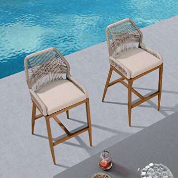 PURPLE LEAF Counter Height Bar Stools Set of 4 Rattan Chair Boho Wicker Metal Counter Stools with Back and Footrest Patio Seating Modern Garden Pool Outdoor Barstools