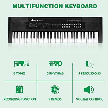 M SANMERSEN Kids Music Piano Keyboard, 61 Keys Piano Keyboard Toys with Microphone Portable Mono Electronic Piano Keyboard Teaching Piano Toy Gift for Beginners Boys Girls Ages 3-12, Black