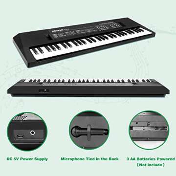 M SANMERSEN Kids Music Piano Keyboard, 61 Keys Piano Keyboard Toys with Microphone Portable Mono Electronic Piano Keyboard Teaching Piano Toy Gift for Beginners Boys Girls Ages 3-12, Black