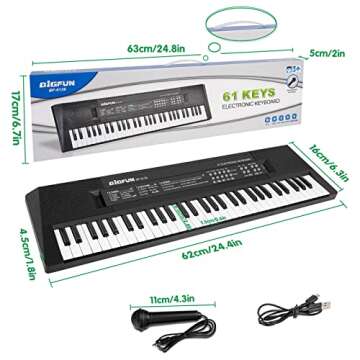 M SANMERSEN Kids Music Piano Keyboard, 61 Keys Piano Keyboard Toys with Microphone Portable Mono Electronic Piano Keyboard Teaching Piano Toy Gift for Beginners Boys Girls Ages 3-12, Black