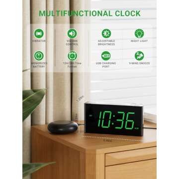 Extra Loud Vibrating Alarm Clock with Bed Shaker for Heavy Sleeper Deaf Hard of Hearing, Large LED Display Digital Clock for Bedroom,Dimmer,Night Light,USB Phone Charger,Battery Backup,Senior Teen Kid