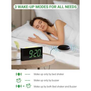 Extra Loud Vibrating Alarm Clock with Bed Shaker for Heavy Sleeper Deaf Hard of Hearing, Large LED Display Digital Clock for Bedroom,Dimmer,Night Light,USB Phone Charger,Battery Backup,Senior Teen Kid