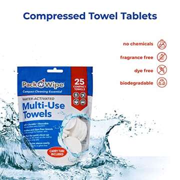 Pack-n-Wipe Disposable Compressed Towel Tablets - Absorbent, Durable & Reusable Paper Towels - Great Cleaning Cloths, Camping Towels and Soft, Eco-Friendly Baby Wipes - 8.5”x11” - (25 Towels & 1 Tube)