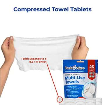 Pack-n-Wipe Disposable Compressed Towel Tablets - Absorbent, Durable & Reusable Paper Towels - Great Cleaning Cloths, Camping Towels and Soft, Eco-Friendly Baby Wipes - 8.5”x11” - (25 Towels & 1 Tube)