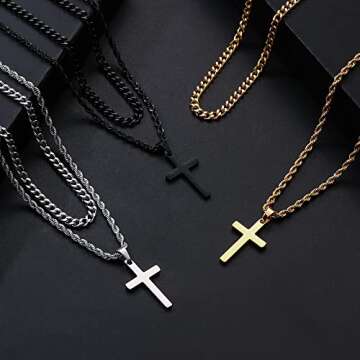 Yooblue Cross Necklace for Men, Mens Jewelry Cross Necklace - Stainless Steel Cross Chain Necklace for Men, Silver Layered Rope Chain Cuban Link Chain Cross Pendant Necklace, Christmas Gifts for Men