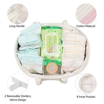 maxgoods Baby Diaper Caddy Organizer -100% Cotton Baby Basket Bin with Removable Divider -Portable Tote Bag Storage Basket for Boy & Girl Nursery Organization (White & Pink)