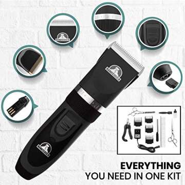 Pet Union Professional Dog Grooming Kit - Cordless Low Noise Dog Clippers for Grooming Thick Coats - All Pet Safe Cat Hair Trimmer - Pet Grooming Kit Includes Dog Hair Clippers, Nail Trimmer & Shears