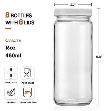 [ 8 Pack ] Glass Juicing Bottles with 2 Straws & 2 Lids w Hole- 16 OZ Travel Drinking Jars, Water Cups with White Airtight Lids, Reusable Tall Mason Jar for Juice, Bubble Tea, Smoothie, Tea, Kombucha