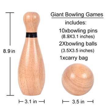 NI-ROU Outdoor Giant Lawn Bowling Games Wooden Lawn Set Fun Sports Games Outside or Indoor for Family Adults and Kids Backyard Skittles Carrying Bag with 10 Pins and 2 Balls