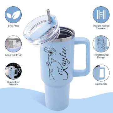 Elemtansy Ships Next Day, Personalized 40 Oz Tumbler with Handle and Straw, Custom Stainless Steel Insulated Tumbler with Name Travel Coffee Mug Personalized Gifts for Women Girls