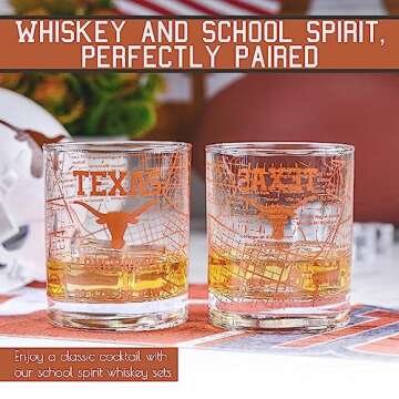 Greenline Goods - University Of Texas Whiskey Glass Set (2 Low Ball Glasses) - Contains Full Color Texas Longhorn Logo & Campus Map - Longhorns Gift College Grads & Alumni - College Cocktail Glassware