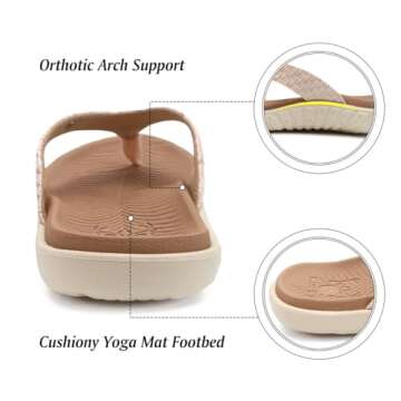 KuaiLu Flip Flops for Women Ladies Yoga Mat Comfortable Sport Walking Thong Sandal With Plantar Fasciitis Arch Support Slip-on Slides Indoor Outdoor For Summer Size 8 Beige White