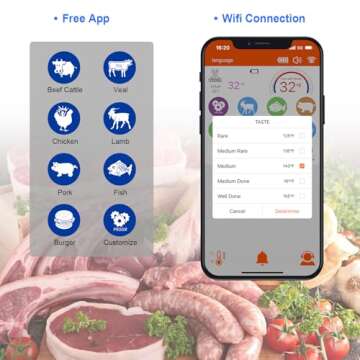 Wireless Meat Thermometer – Digital Cooking Thermometer with Wireless Probe – 500Ft Remote Range Food Thermometer – with iOS & Android Read App -Preprogrammed Temperatures for BBQ, Oven, Grill