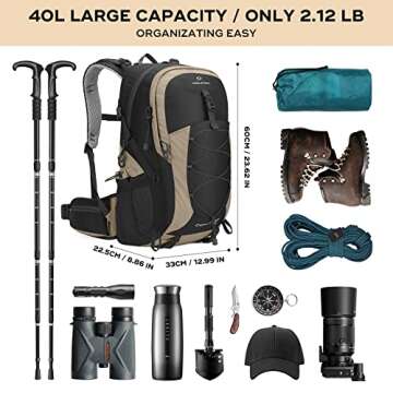 Maelstrom Hiking Backpack,Camping Backpack,40L Waterproof Hiking Daypack with Rain Cover,Lightweight Travel Backpack,Khaki