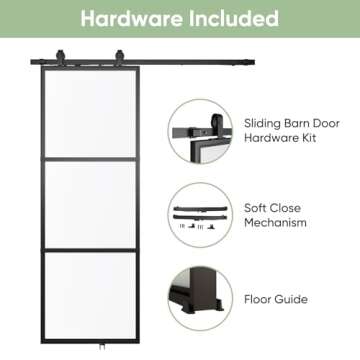 BARNSMITH 30in x 84in Frosted Glass Barn Door with 5FT Top Mounted Hardware kit Include Soft Close Mechanism Black Carbon Steel Tempered Frosted Glass Sliding Door,Assemble Required Easy Installation